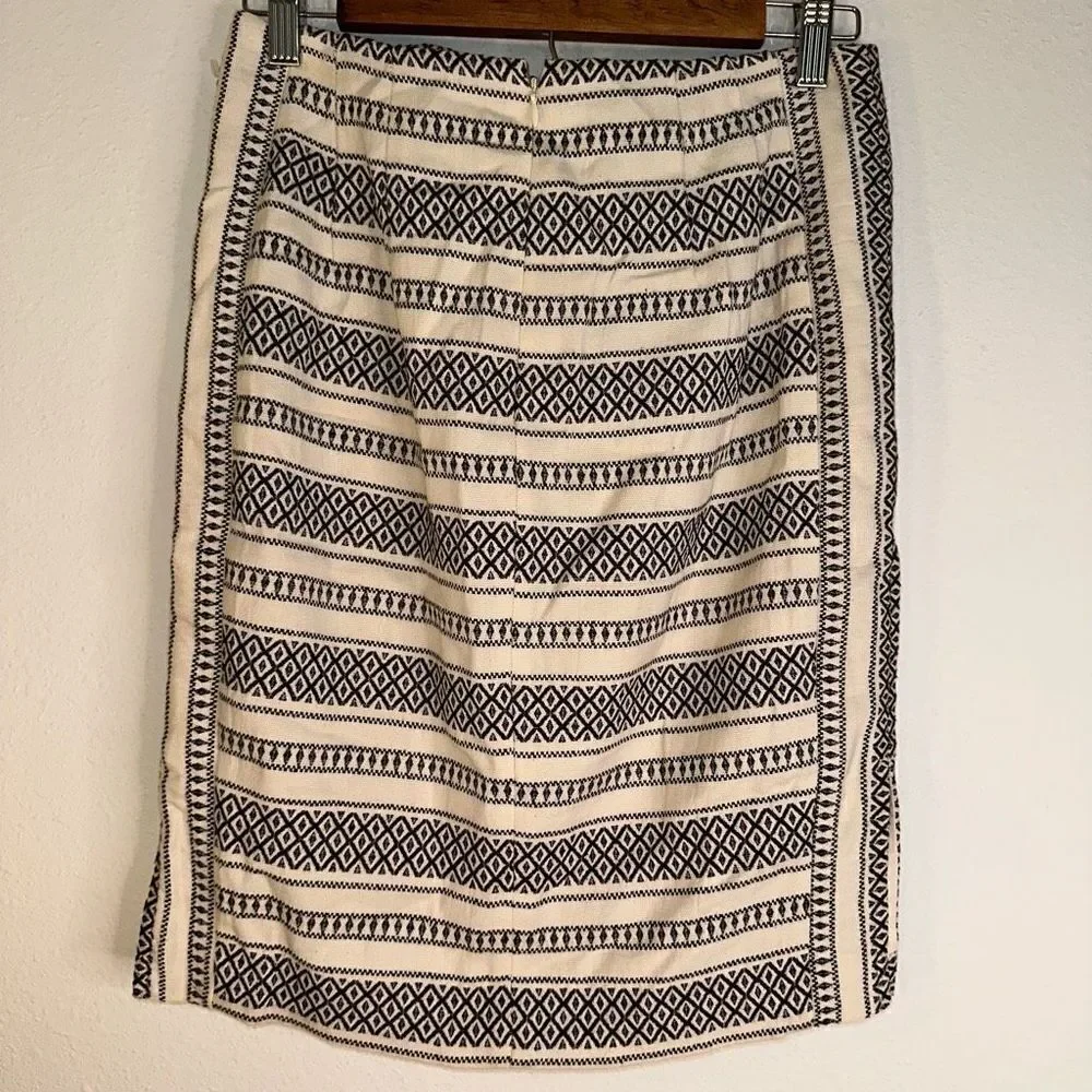 LOFT Womens 6P Ivory & Black Boho Embroidered Geometric‎ Canvas Pencil Skirt